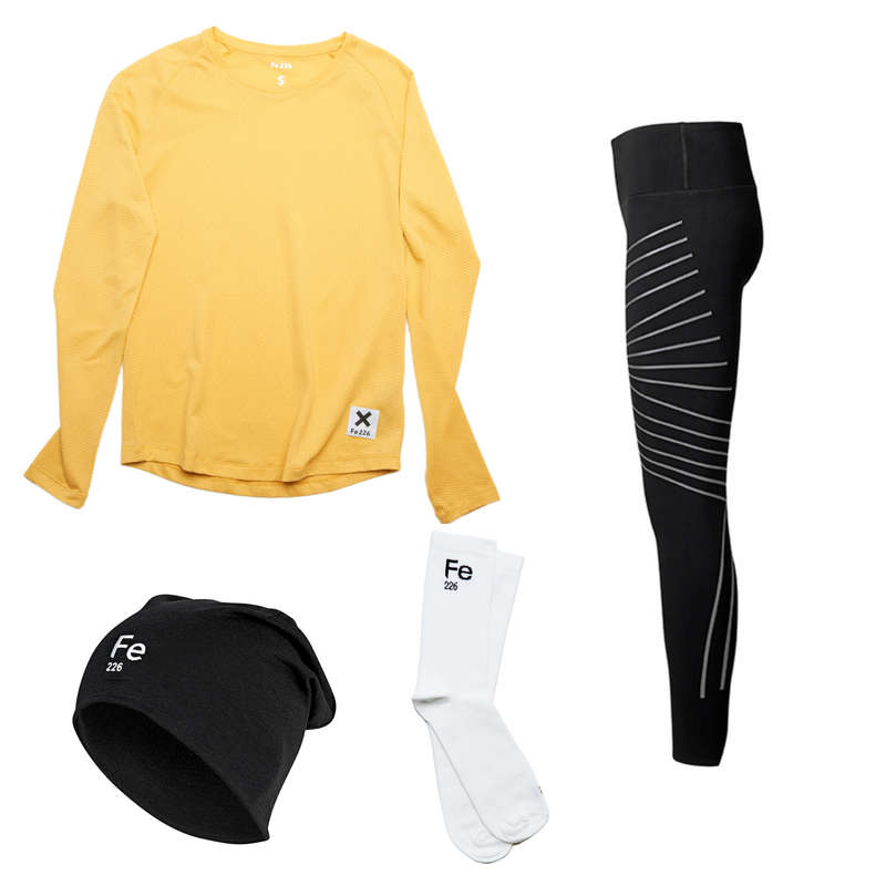Take advantage of our cold weather running bundle for suboptimal weather conditions. The bundle includes the Sulphur Yellow long sleeve running tee (which doubles as a baselayer), the versatile Fe226 Merino Beanie, the Long Fe226 Running Tight, and a pair of White Socks. All items are odor-free, promoting multiple wears and reduced washing.  Save 15% on the combined price of €225 for the Fe226 Cold Weather Running Bundle, compared to buying each product individually.