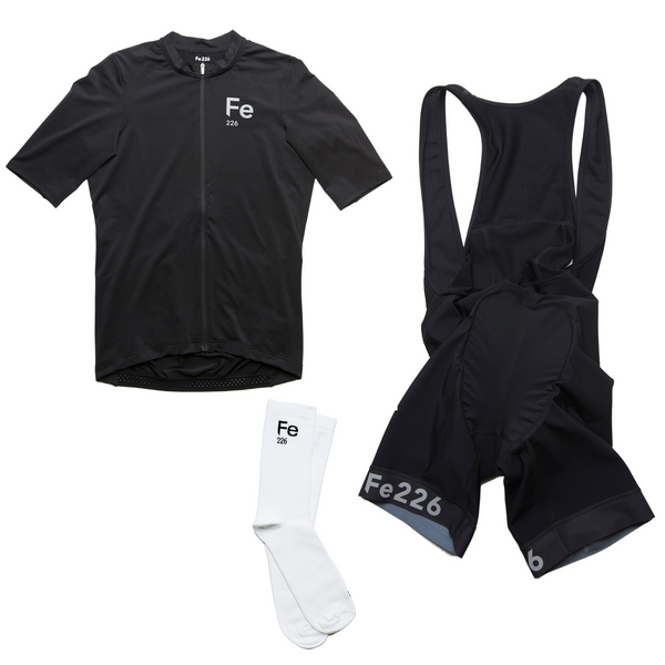 Fe226 Cycling Bundle in Black! Our fabric is the perfect blend of speed and comfort. The jersey is quick-drying, moisture-wicking, and odorless. And the Fe226 Cycling Bib Short, with its flexible material, will keep you feeling energized and strain-free. Get your black cycling bundle now and save 15%!