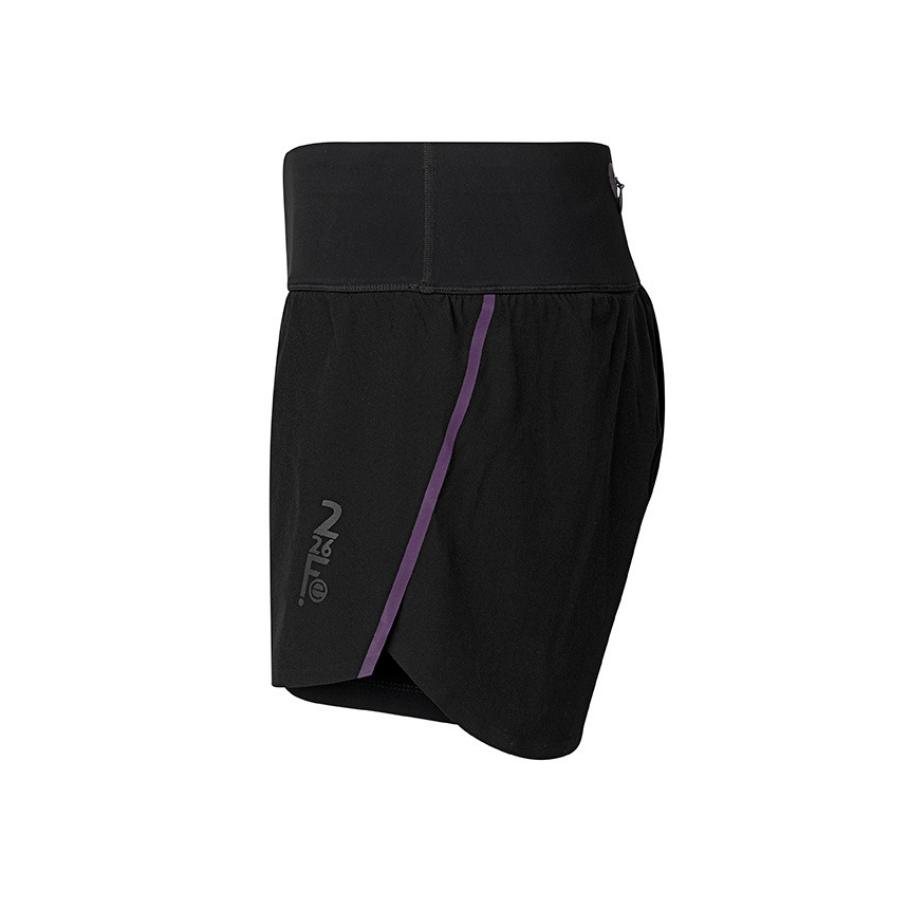 Designed by Ffion Appleton (Off-White, Beyoncé's Ivy Park and Nike), the Fe226 Womens running short has a cooling, light-compression running inner short and a ultra-light weight outer running short, bonded edges, waterproof back pocket with zipper, black reflective print and purple reflective prints and tape.