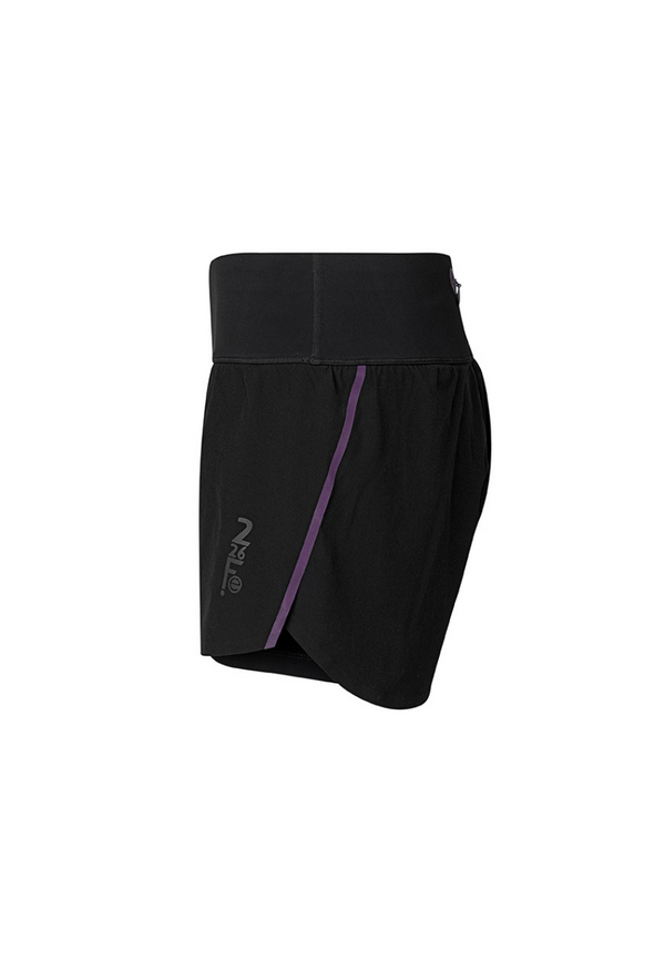 Designed by Ffion Appleton (Off-White, Beyoncé's Ivy Park and Nike), the Fe226 Women's running short has a cooling, light-compression running inner short and a ultra-light weight outer running short, bonded edges, waterproof back pocket with zipper, black reflective print and purple reflective prints and tape.
