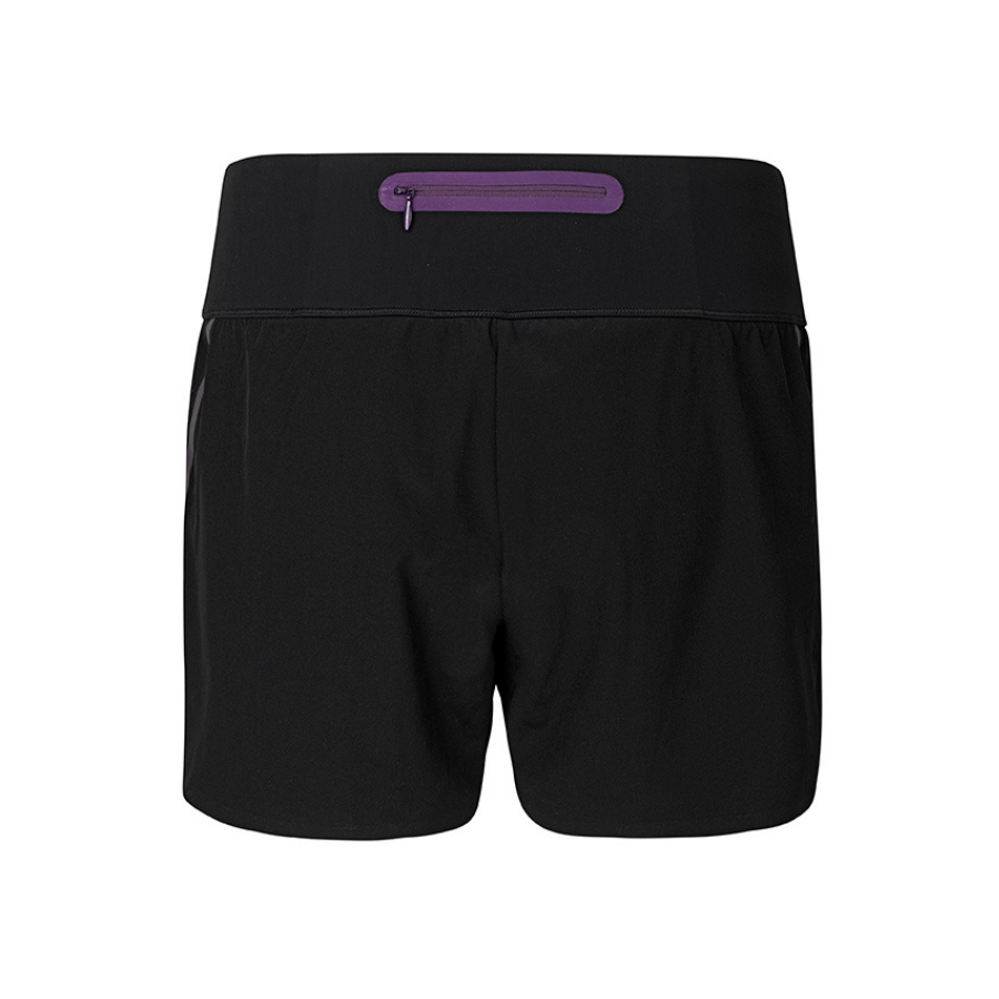 Designed by Ffion Appleton (Off-White, Beyoncé's Ivy Park and Nike), the Fe226 Womens running short has a cooling, light-compression running inner short and a ultra-light weight outer running short, bonded edges, waterproof back pocket with zipper, black reflective print and purple reflective prints and tape.