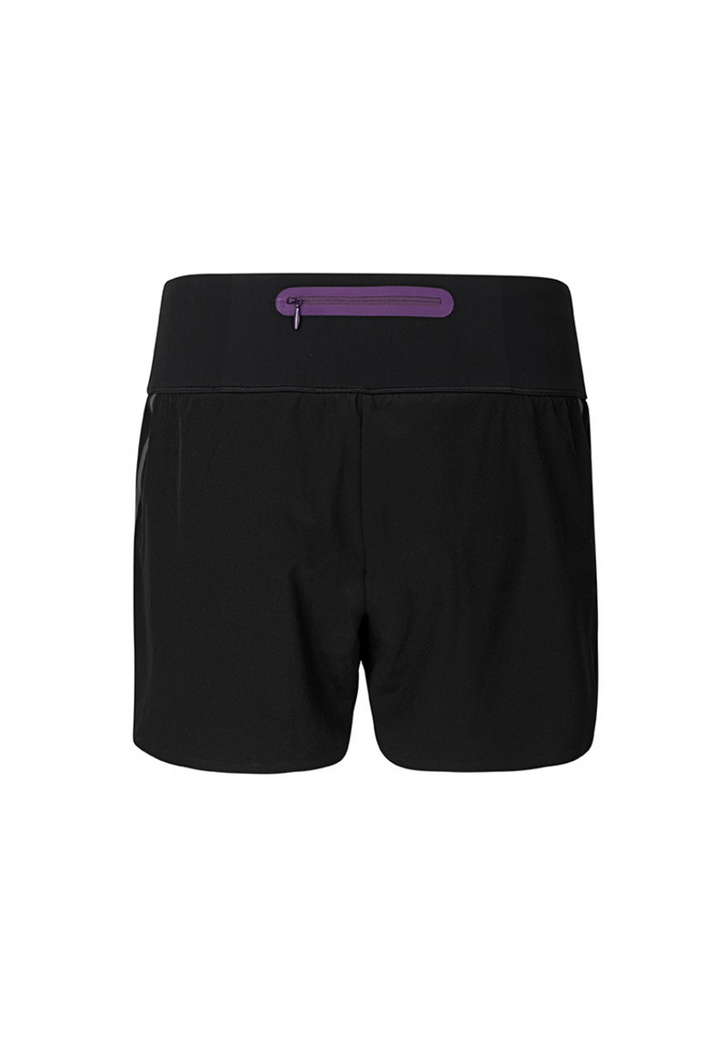 Designed by Ffion Appleton (Off-White, Beyoncé's Ivy Park and Nike), the Fe226 Women's 2-in-1 running short has a cooling, light-compression running inner short and a ultra-light weight outer running short, bonded edges, waterproof back pocket with zipper, black reflective print and purple reflective prints and tape.